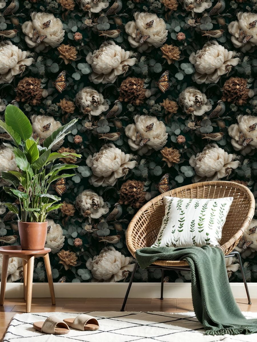 Peel and Stick Wallpaper Delicate Butterflies Blooms Elegant Floral Garden Wall Mural 23.6in x 9.8ft Self Adhesive Removable Wall Paper Renter Friendly Wallpaper for Bedroom Livingroom Office Studio
