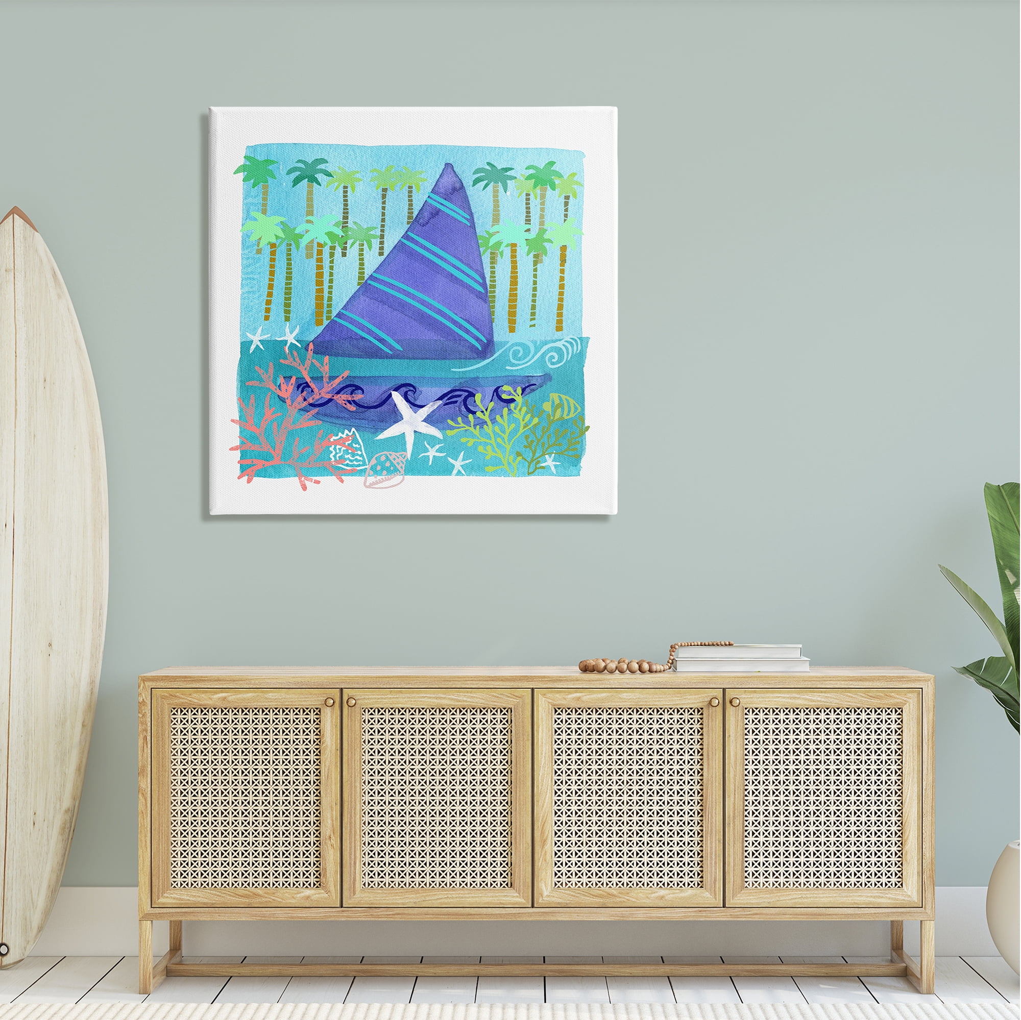 Stupell Industries Funky Sailboat Coastal Layered Palm Trees Seashells Graphic Art Gallery Wrapped Canvas Print Wall Art, Design by unknown