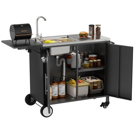 Outdoor Grill Cart with Sink, Rolling Kitchen Island Cabinet with Wheels, Metal Grill Table Kitchen Sink Station with Foldable Top and Storage Cabinet, Black