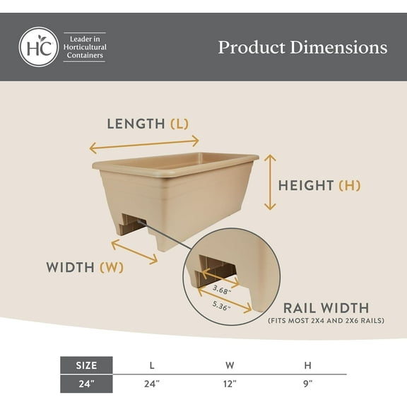 Green Deck Rail Planter - Classic Design for Outdoor Garden, 12" x 24" x 9" with Resistance and Drainage Holes