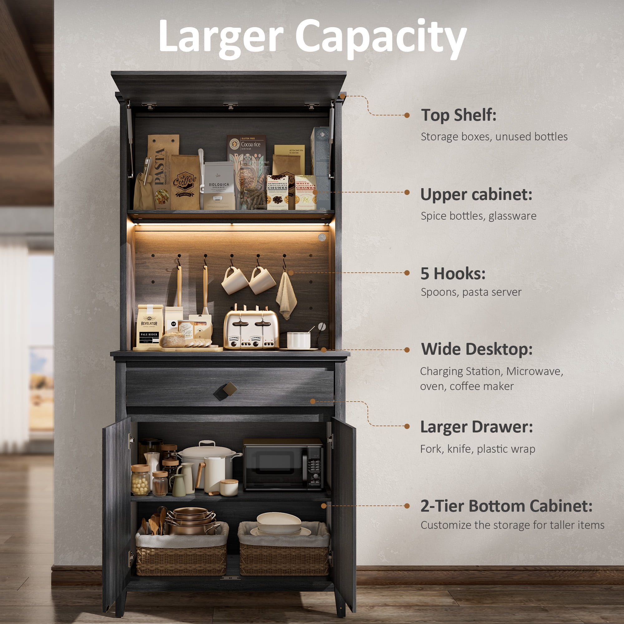 Einhomn 72" Tall Farmhouse Kitchen Pantry Cabinet with Charging Station & LED Light, Flip up Door & Adjustable Shelves,Black