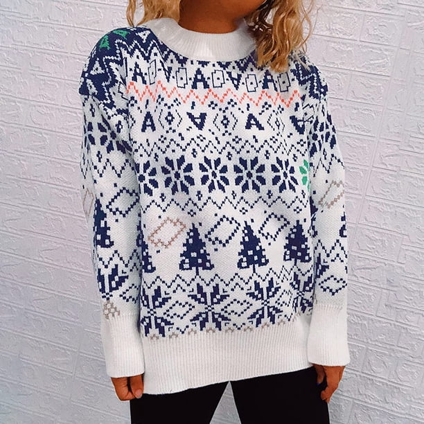 Puntoco suéter invierno mujer estampado navideño empalme cuello redondo manga larga línea suéter tops blusa Navidad liquidación Puntoco Puntoco-3070