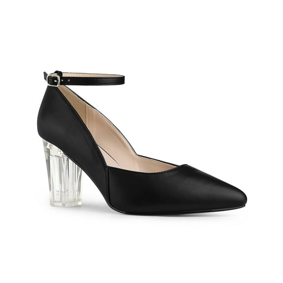 BLISSFUL STEP Ankle Strap Pointed Toe Clear Block Heel Pumps for Women Black 7