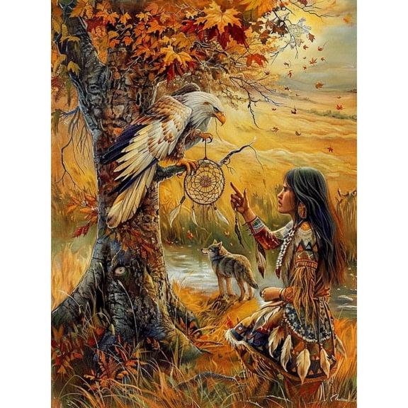 DIY 5D Diamond Art American Native Indian Woman Owl Paint with Full Drill Round Diamond Gems Painting by Number Kits for Adults Art Craft Home Wall Decor 11.8x15.8in(10)