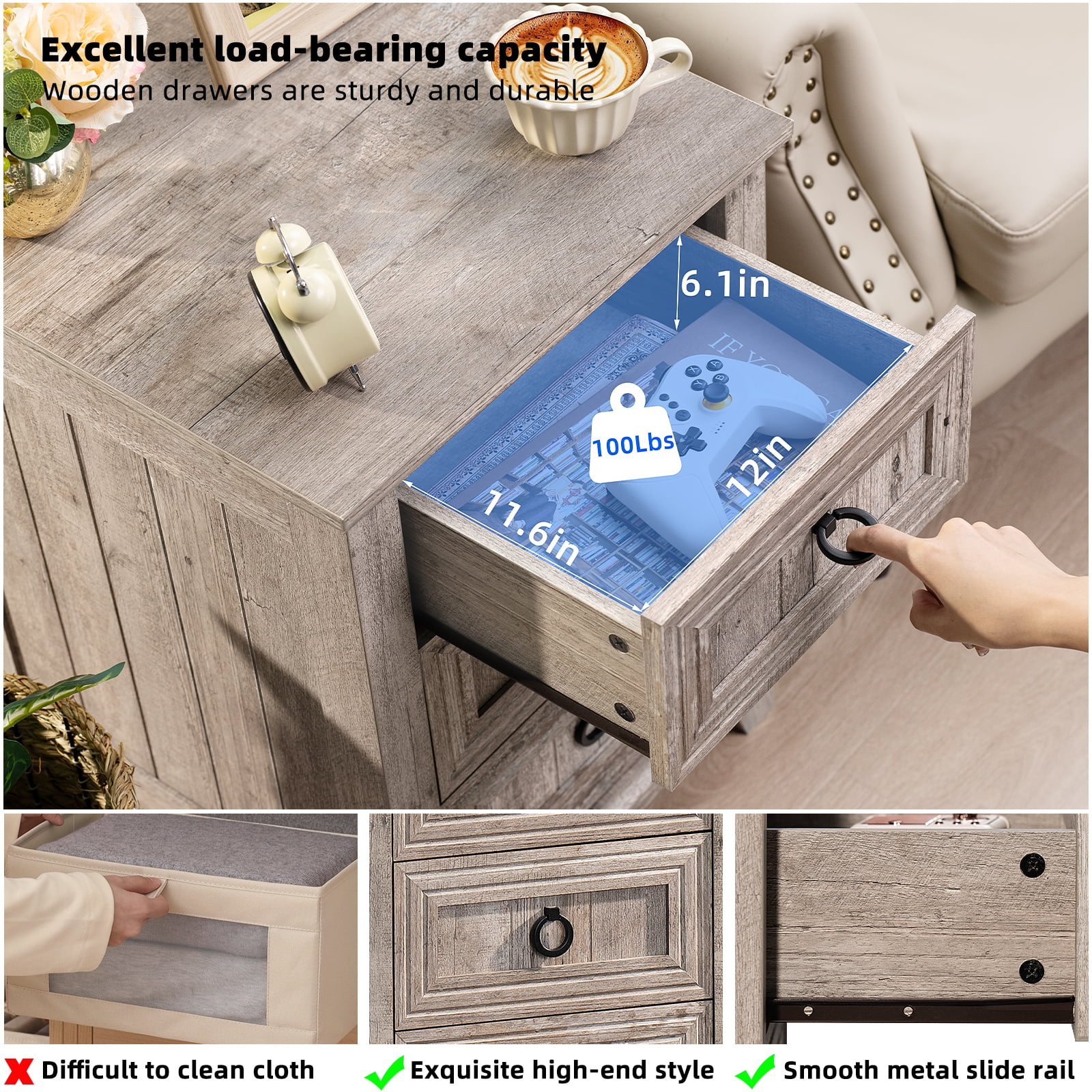Joaxswe Farmhouse Nightstand with 3 Drawers, Wood Bedside Table Night Stand, Wide Sofa Side End Table for Living Room, Bedroom, Grey Oak