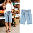 thumbnail image 2 of Taqqpue Girls Summer Shorts Elastic Waist Knee Length Bermuda Shorts Casual Loose Comfy Drawstring Workout Shorts Pockets Cotton Linen Capri Pants foir Kids 3-13Y, 2 of 3