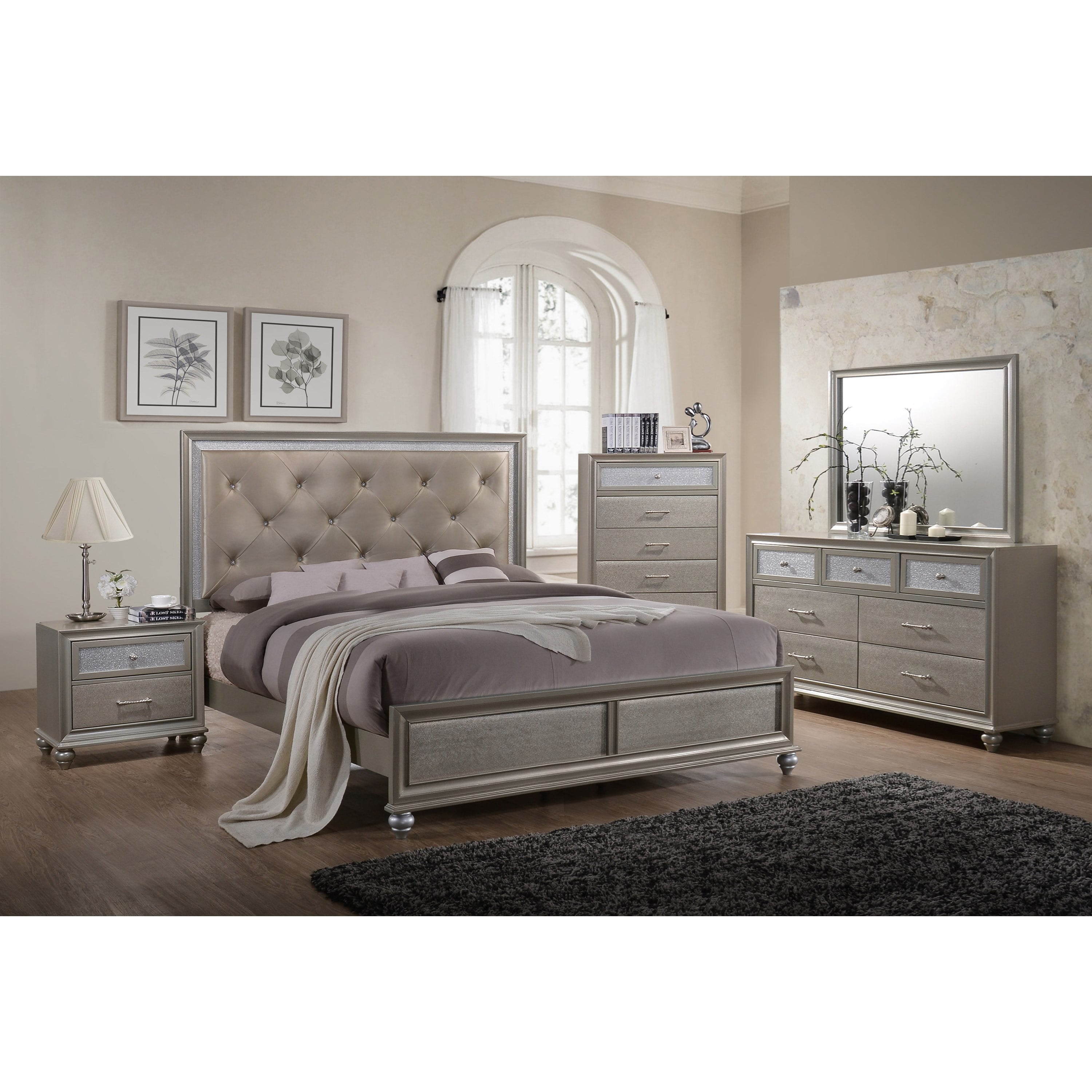 Modern Champagne Faux Finish 5pc Queen Size Bedroom Set Bed Dresser