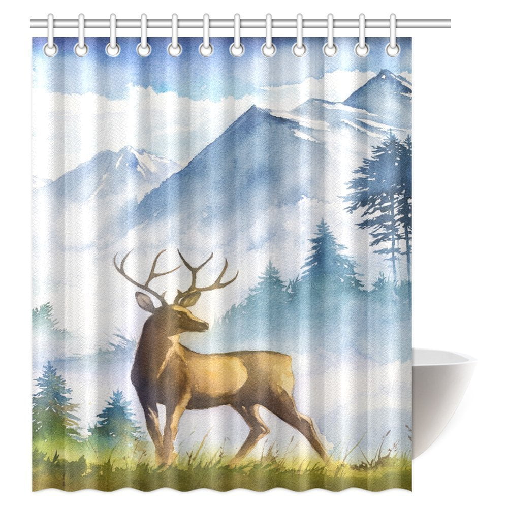 Autumn Forest Deer Scenery Shower Curtain Set Waterproof Polyester Fabric Hooks 