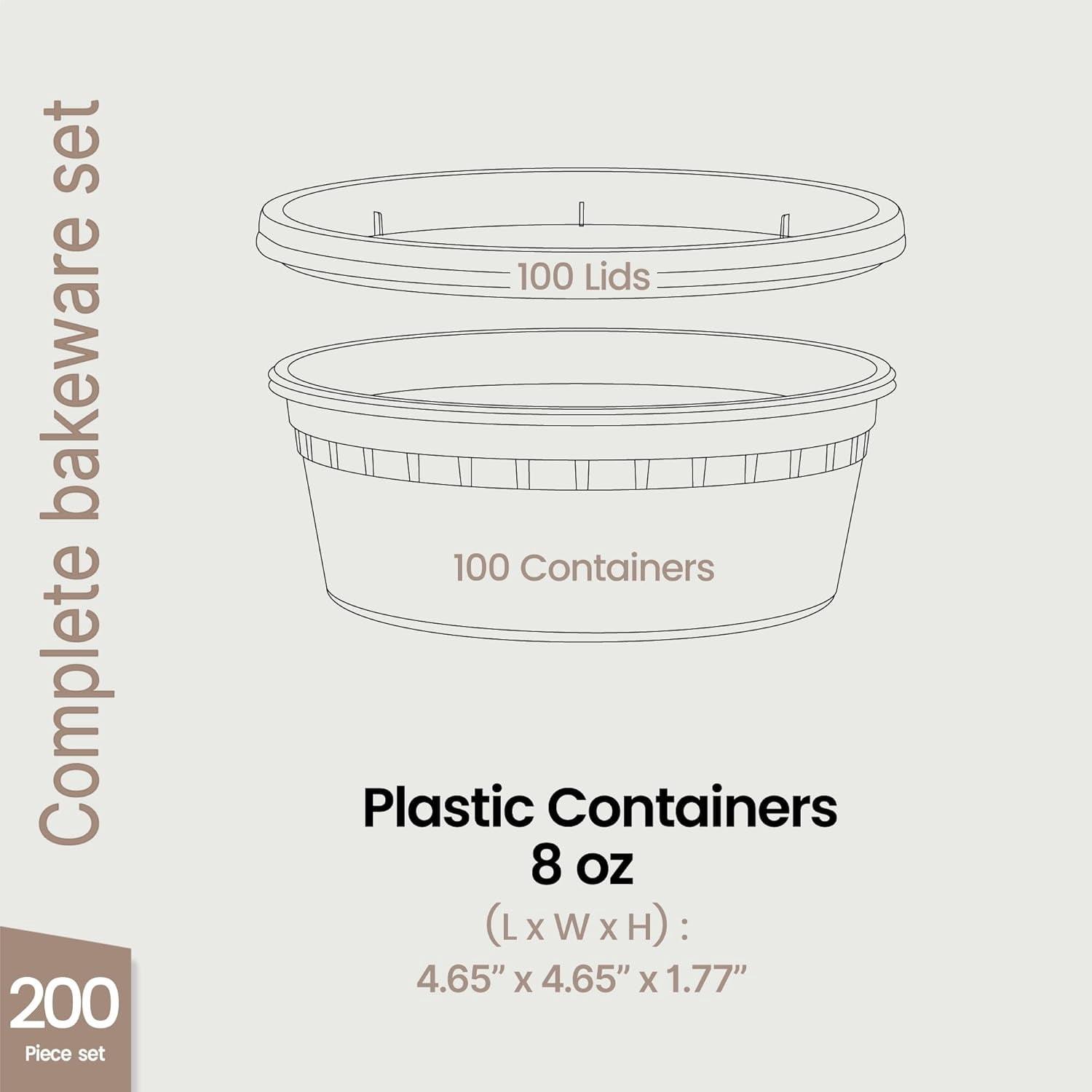 Bakken Plastic Deli Containers with Lids 8oz (200 Pack), Leak-Proof Food Storage for Soup, Meal Prep & Slime, Stackable, Freezer & Microwave Safe