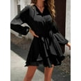 thumbnail image 5 of Women's Dress Deep V-Neck Long Sleeve Waist Tie Ruffle Mini Swing Skater Dresses, 5 of 7