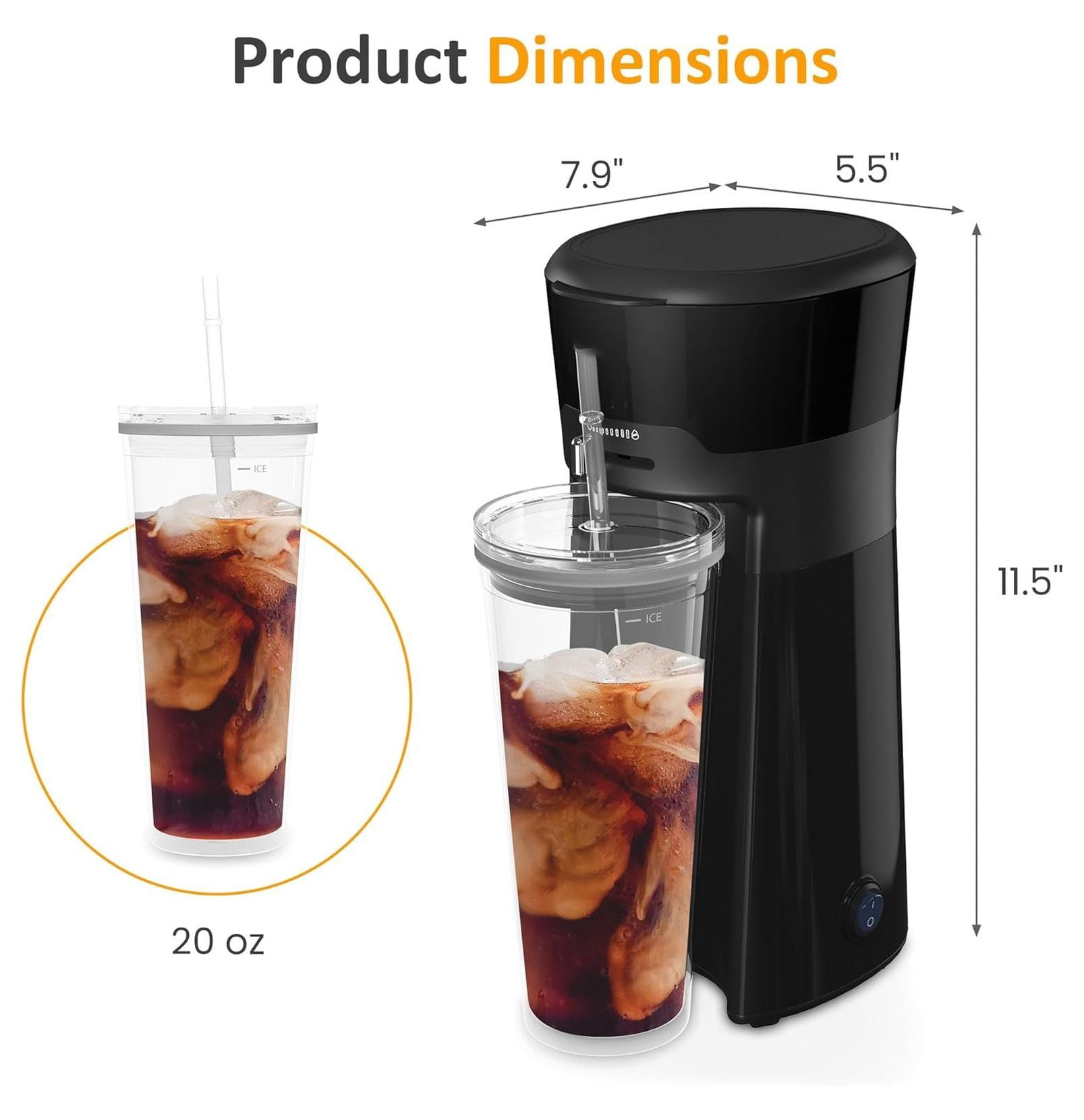 Iced Coffee Maker & Tea Brewer, 20oz Double Wall Cups, Single Serve, Strength Control, Portable Cold Brew System for Home & Office - Black