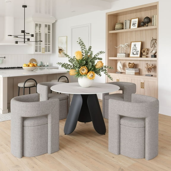 Toru Dining Table White Dining Table, Modern Style, Faux Marble Sintered Stone round shape tabletop, Steel, Indoor Dining