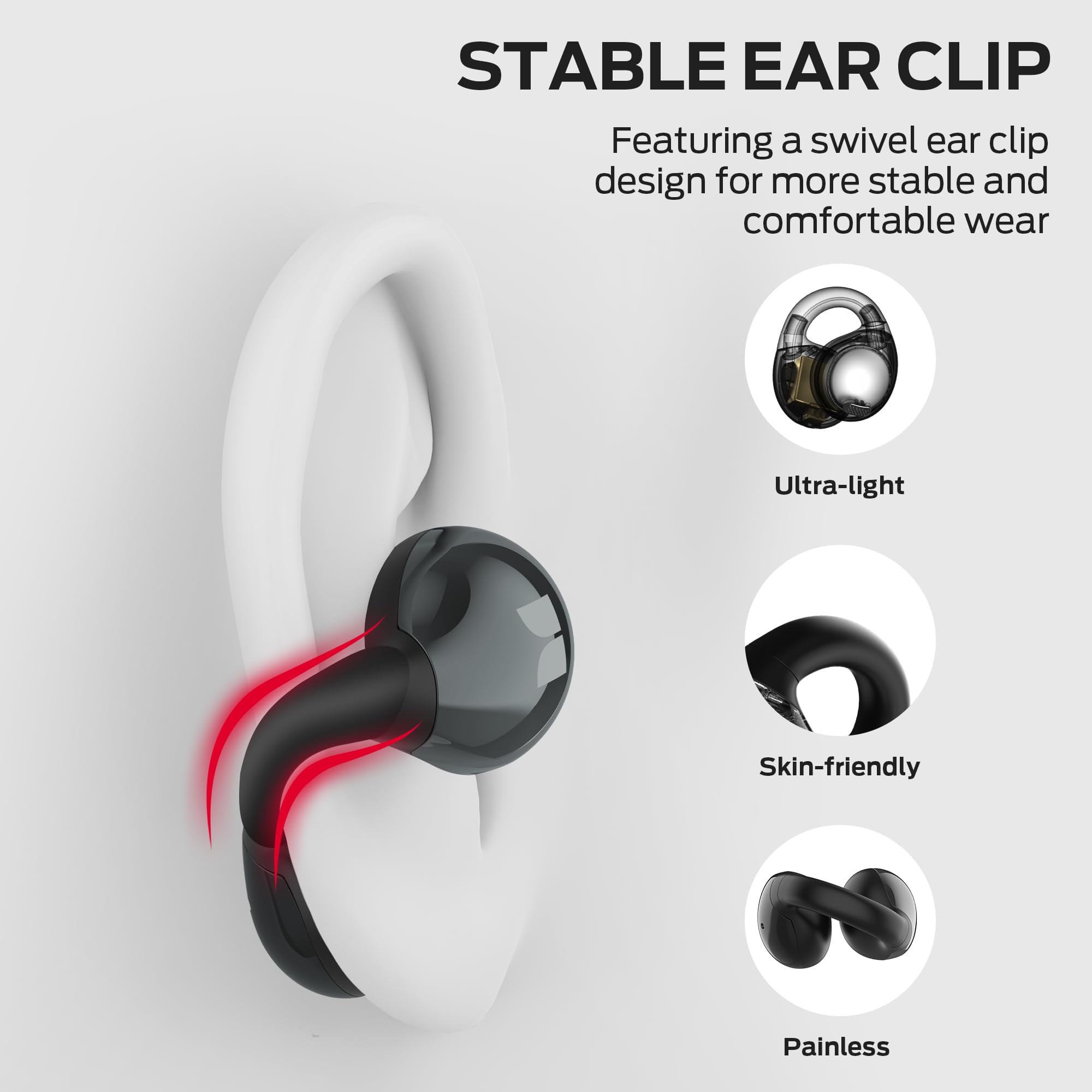 Monster Wireless Headphones Bone Conduction Ear Clip Bluetooth 5.4 Earphone Multi Mic AI noise Cancelling Wireless Earbuds, Black