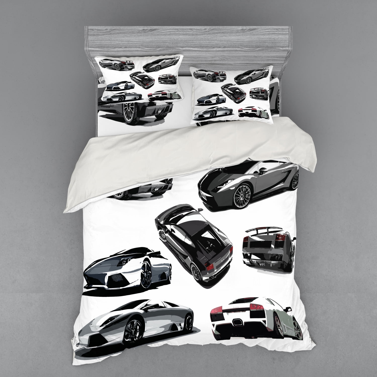Modern Duvet Cover Set, Grey Cars from Various Angles Automobile