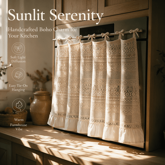 Bohemian Kitchen Window Curtains, Beige Short Kitchen Curtains with Ruffled Hem and Openwork Texture, Tie Top Cafe Curtains for Small Windows, Cabinets and Doorways