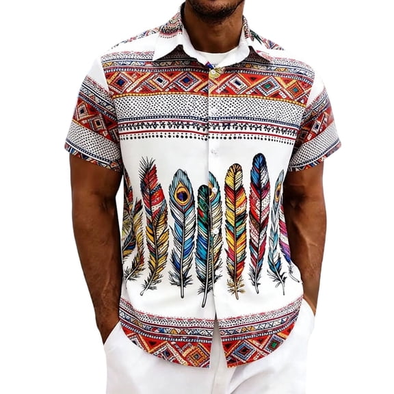 GUZOM Mens Short Sleeve Shirt White, Boho Feather & Ethnic Print Button Down, Relaxed Fit Breathable Vacation Beach Shirt,Size XL