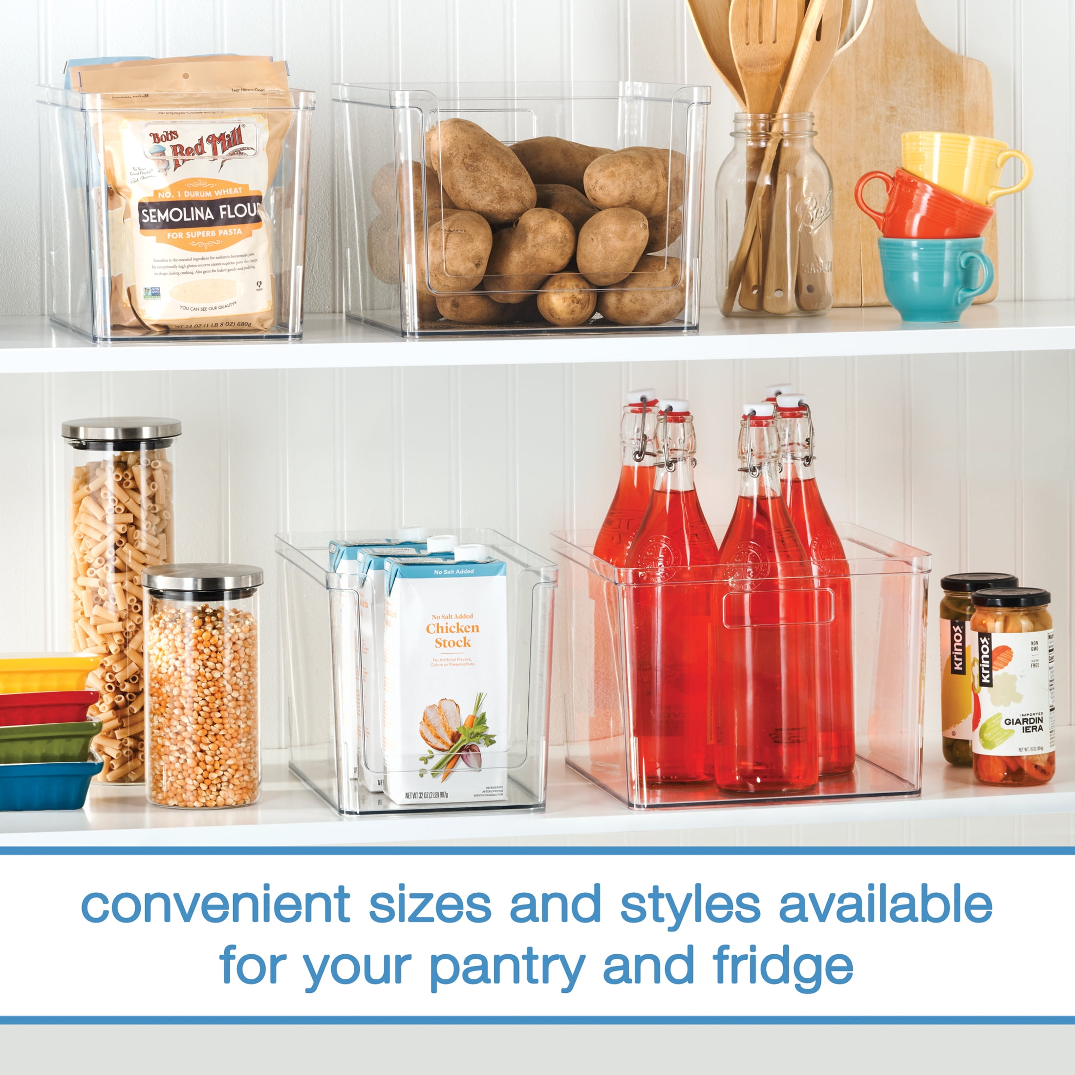 Mainstays Large Deep Clear Plastic Pantry Storage Organizer Bin with Open Front, Kitchen Cabinet, Fridge and Shelf Storage Container for Pantry Organization, 12" x 7.5" x 8"