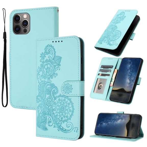 Designed for iPhone 14 Pro Case Wallet, Women Flip Folio Cover with Floral Embossed PU Leather Stand Credit Card Holders Slots Wrist Strap Purse Phone Case for iPhone 14 Pro, Lightblue
