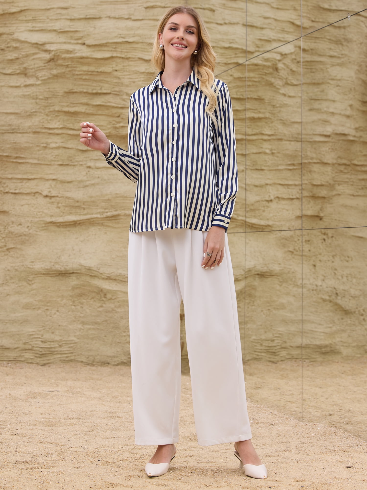 DARING DIVA Women's Satin Striped Shirt Long Sleeve Office Blouse XL Navy Blue