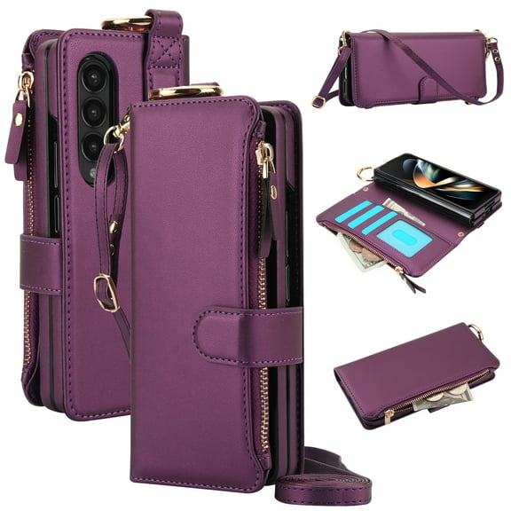 for Samsung Galaxy Z Fold 4 Wallet Case with Card Holder - PU Leather Case Detachable Crossbody Strap & Wristband & Secure Ring, Shockproof Protective RFID Blocking Zipper Purse Phone Cover,Deeppurple
