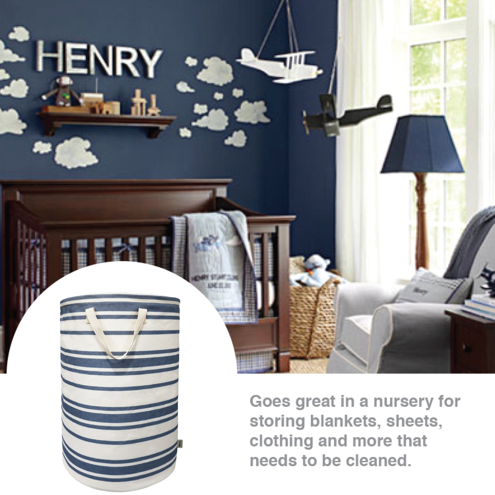 omh ORGANIZE MY HOME – 24 Inches Large Freestanding Round Laundry Hamper with Drawstring Closure, Collapsible Clothes Storage Hamper- Blue Stripes