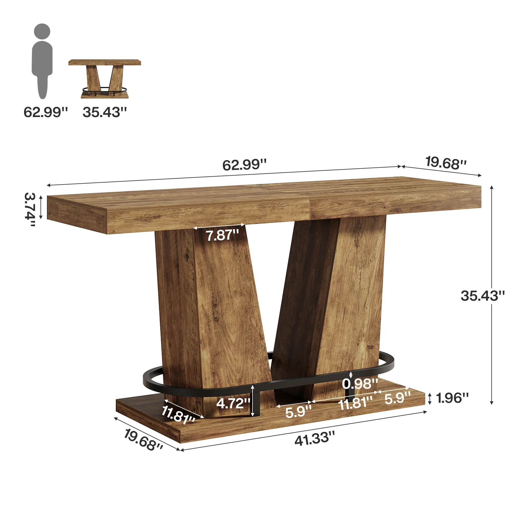 Hommoo 63-inch Rectangle Counter Height Bar Table for 4-6 People, Industrial Wood Grain & Metal Pub Table with Footrest, Sturdy Kitchen Island or Dining Table, Brown