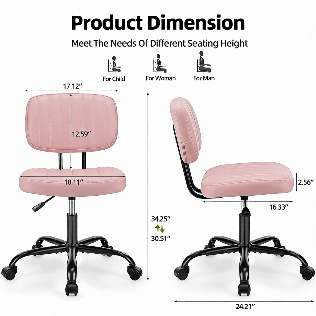 CONCETTA Ergonomic Home Office PU Leather Desk Chair, Small Space, Armless Rolling Chair for Adults, Pink