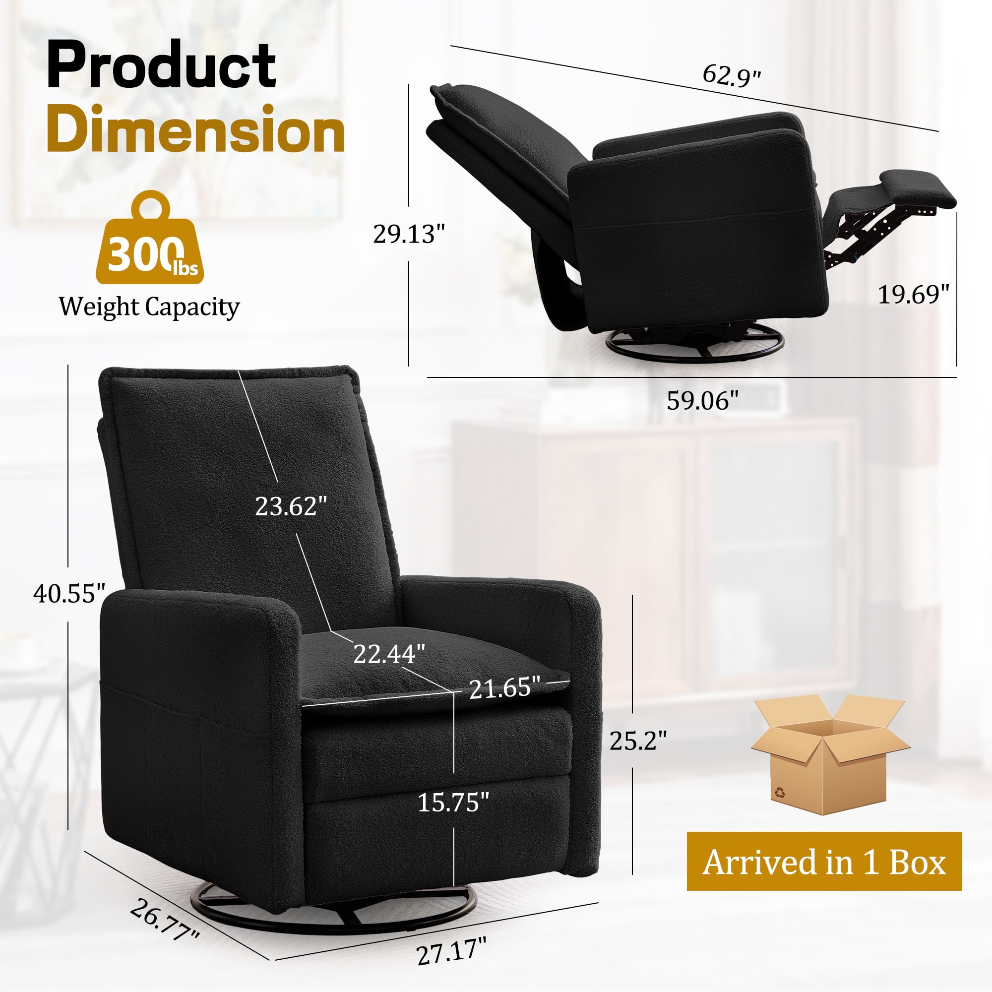 Korser Manual Swivel Rocker Recliner Chair with Side Pockets Nursery Glider Recliner for Living Room, Nursery, Black