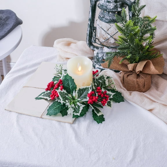 PATLOLLAV Christmas Candle Wreath,Artificial Red Berry Holly Leaf Candle Holder Rings,Christmas Wreaths Berries Candle Wreaths for Wedding Party Christmas Table Decor