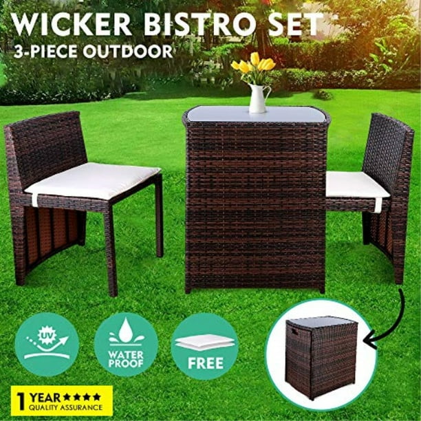 Gartio 3pcs Wicker Bistro Set Outdoor Garden Lawn Sofa Furniture With Glass Top Table And 2 Cushioned Chairs Waterproof Mat Space Saving Design Suit For Backyard Yard Porch Com Gartio 3pcs Wicker Bistro Set Outdoor, Best Quality Outdoor Furniture