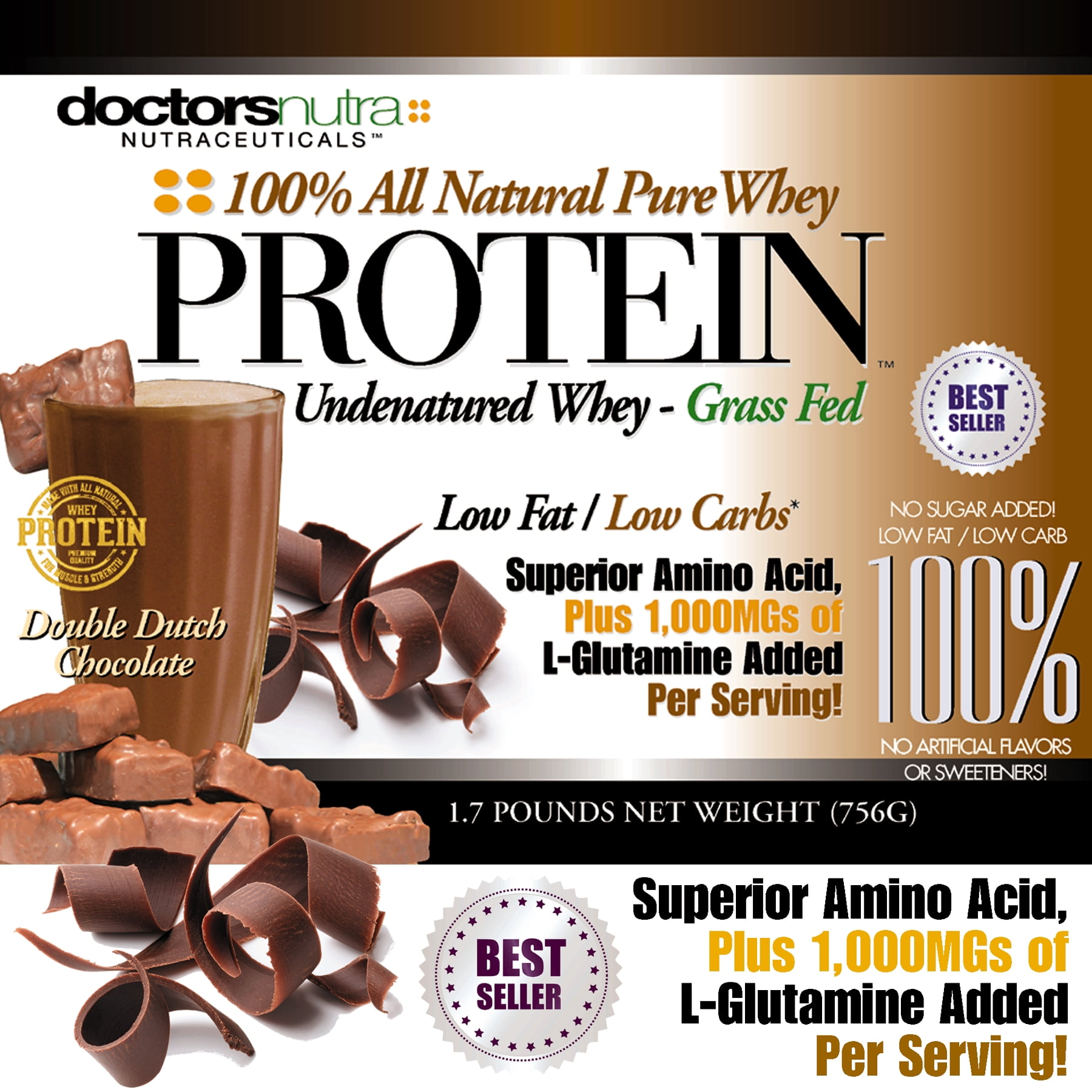Double Dutch Chocolate Whey Protein by Doctors Nutra Nutraceuticals, Low Carb Low Fat, Undenatured Grass Fed Ultra-filtered Plus 1000 Milligrams L-Glutamine 1.7 lb