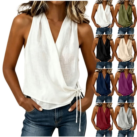 VBVC Women's Cotton-Linen Wrap Front Tank Top , Ladies' Side Tie Sleeveless Casual Blouse , Summer V Neck Fitted Waist Top For Women,Army Green,S-2XL