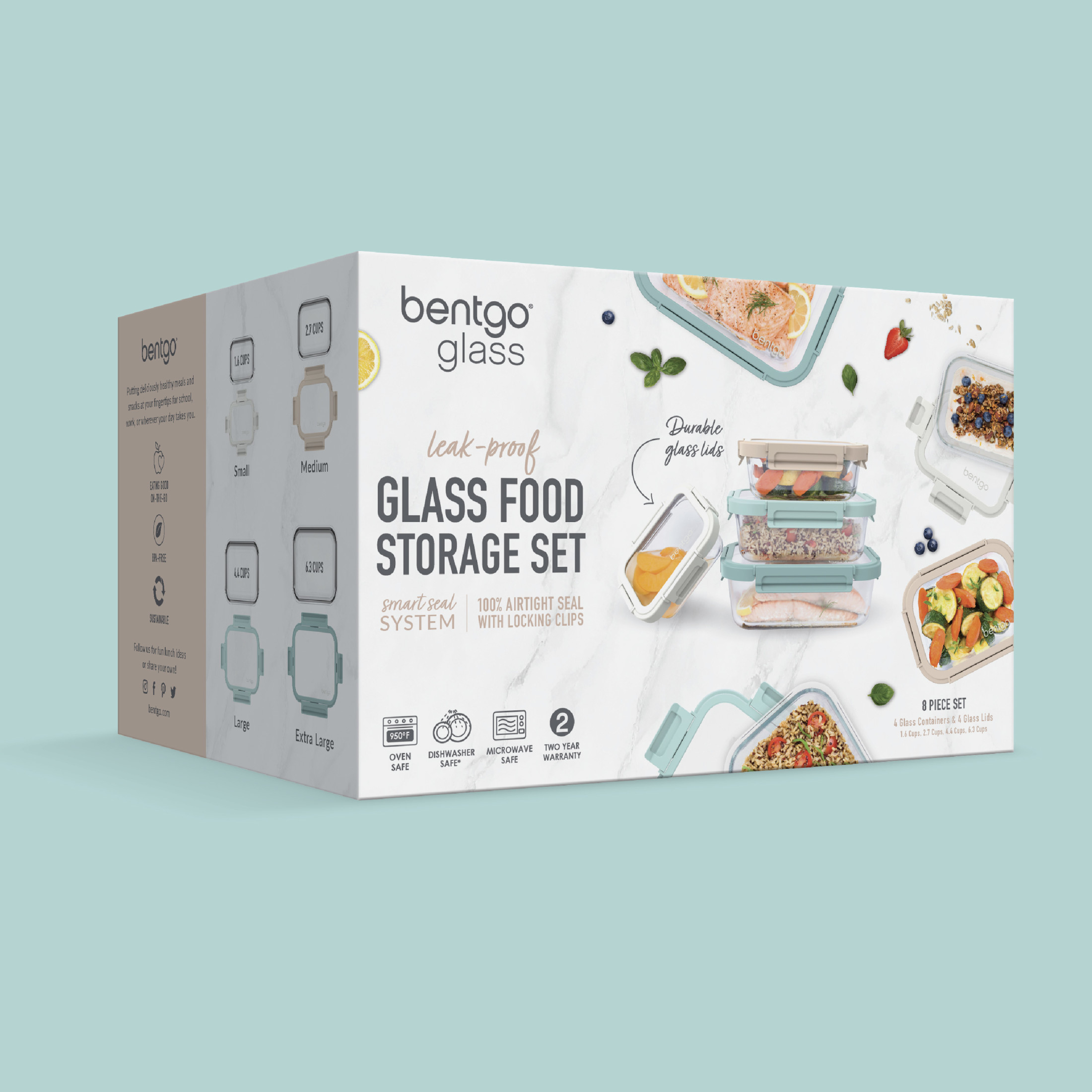Bentgo® Glass Leak-Proof Food Storage Set - 8 Piece Stackable 1-Compartment Meal Prep Containers & Airtight Locking Lids, Reusable, BPA-Free, Microwave, Freezer, Oven, Dishwasher Safe (Coastal Beach)