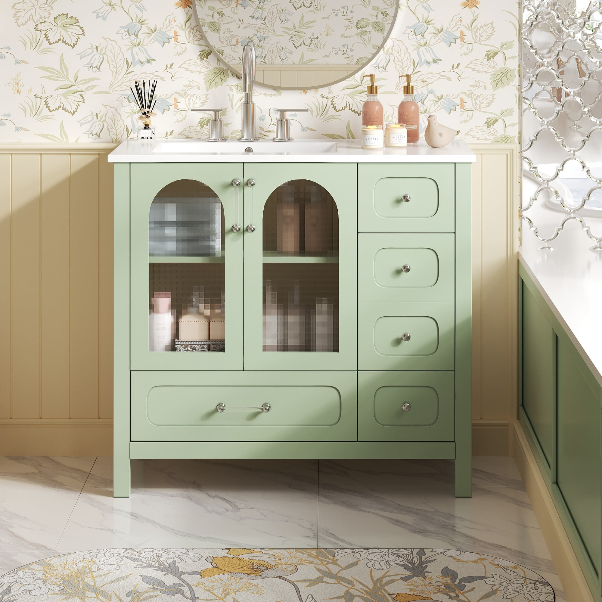 Euroco Modern Turquoise Bathroom Vanity with Waffle Glass Doors, 4 Drawers, Adjustable Shelf, and Soft-Close Hinges – Fits 8-Inch Faucet