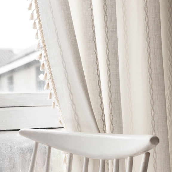 TURKIO White Farmhouse Boho Curtains for Living Room Semi Blackout Curtains Rod Pocket Curtain 1 Panel,52"Wx84"L