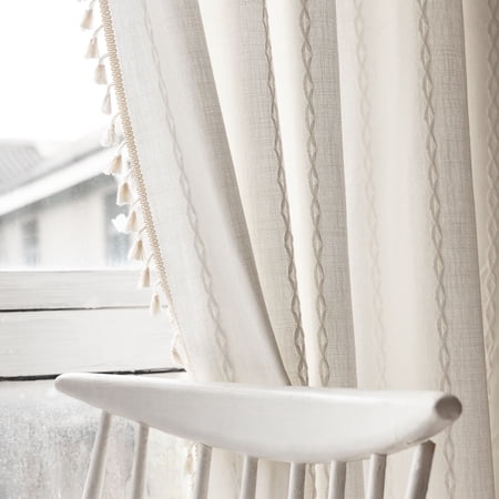 TURKIO White Farmhouse Boho Curtains for Living Room Semi Blackout Curtains Rod Pocket Curtain 1 Panel,52"Wx84"L