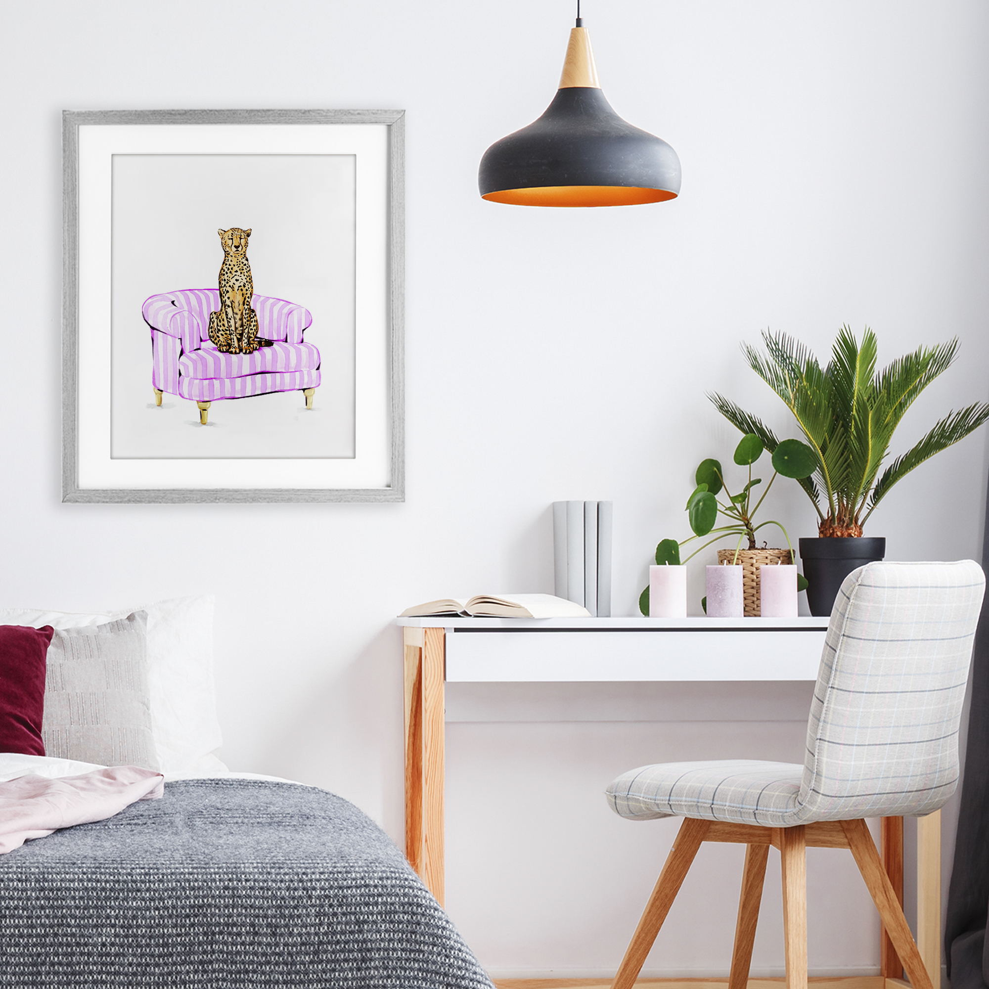 Cheetah on Pink Stripe Chair Gray Framed Print Under Glass, design by Ziwei Li