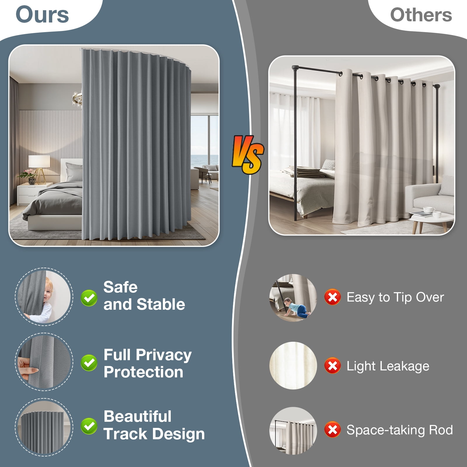 DONGPAI Room Divider Curtains Blackout Privacy Curtain Flexible Ceiling Track Thermal Insulated Noise Reduction Curtains for Living Room Bedroom Partition Separator, 1 Panel, Gray, 100"x 84"