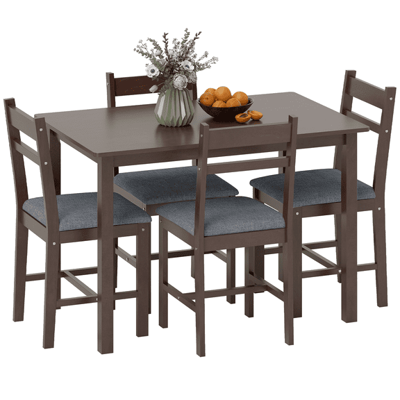 5-Piece Dining Table Set, Solid Wood Kitchen Table with Chairs for 4, Farmhouse Dining Set Walnut Finish, Upholstered Seats, Space Saving