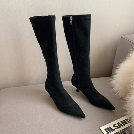 

Fashion Women Knee Boots Sock Stretch Booties Autumn Winter Flock Botas Thin Low Heels Side Zipper Pointed Toe Pumps Black/Green