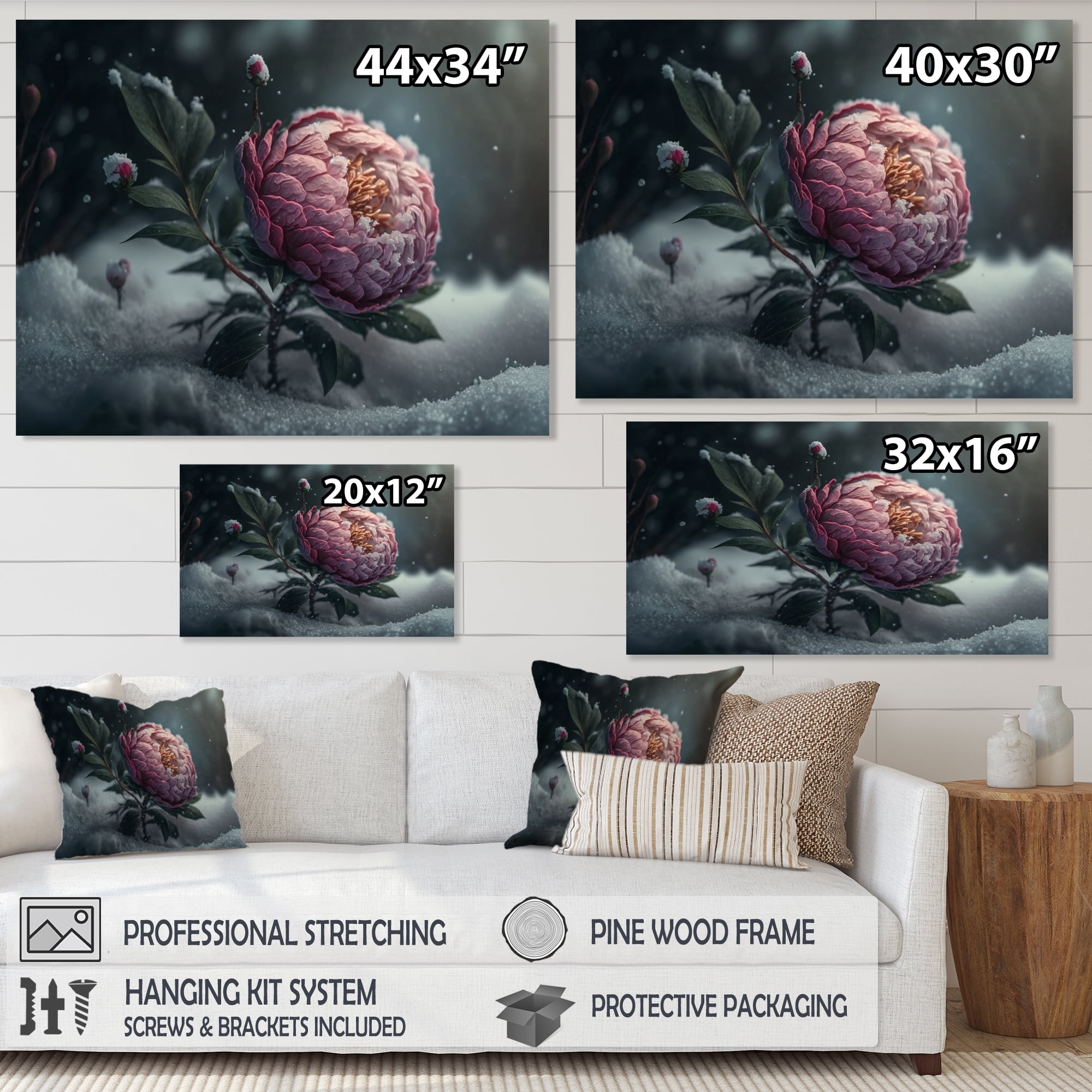 Designart A Blooming Pink Peony Flower In Winter III Canvas Wall Art