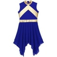 thumbnail image 3 of TiaoBug Kids Girls Sleeveless Lyrical Dance Dress Metallic Gold Worship Asymmetrical Hem Tunic Blue 12, 3 of 5
