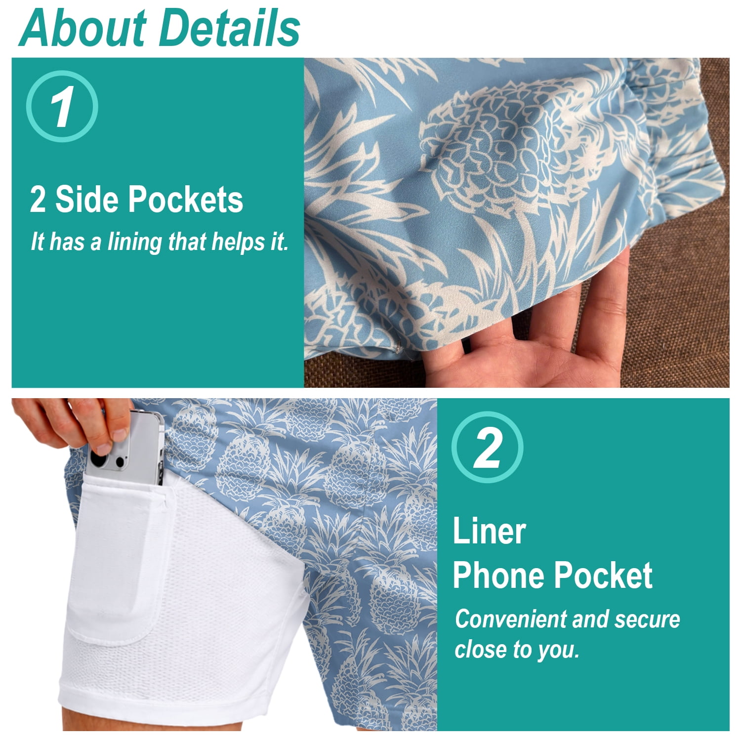 Men’s 2-in-1 Swim Trunks with Compression Liner, Quick-Dry Stretch Fabric, Drawstring Waist, and Pockets - Beach, Swimming, and Active Wear - Pineapple L