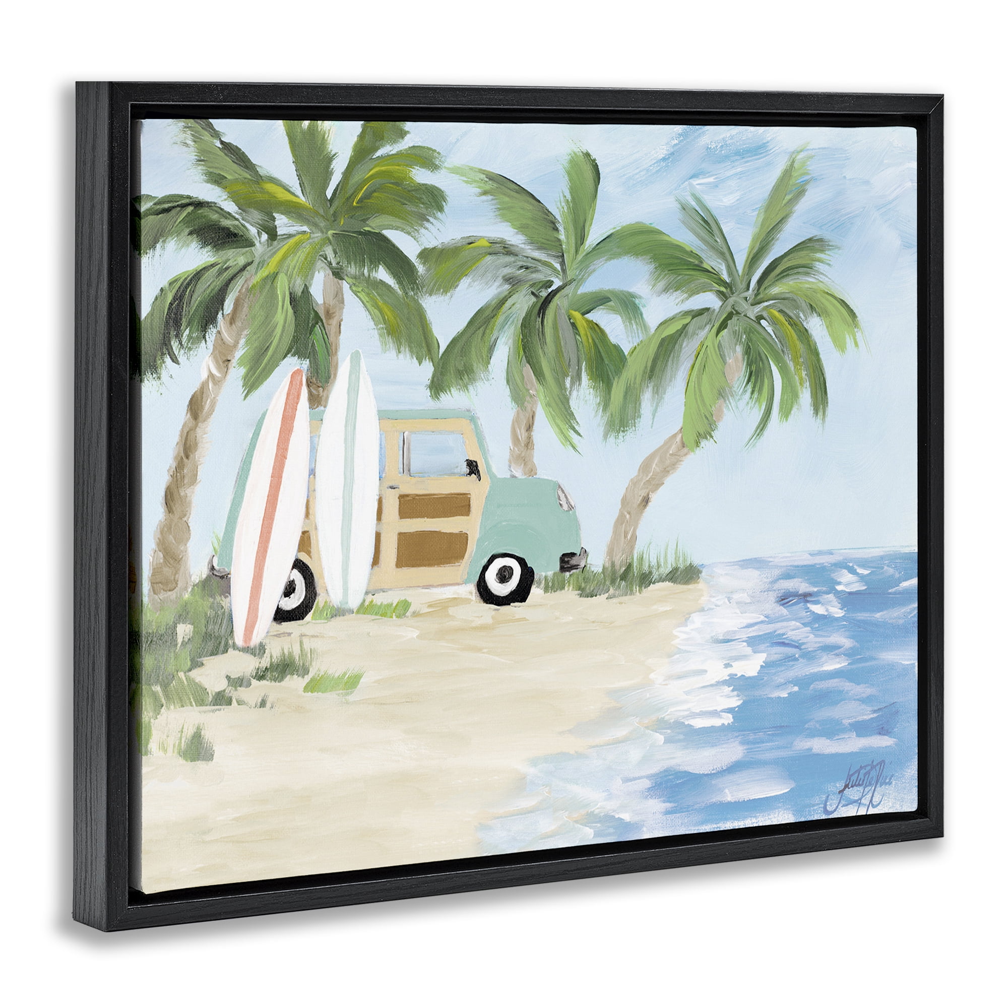 Stupell Industries Tropical Vacation Surfboards Landscape Painting Black Floater Framed Canvas Art Print Wall Art, 21 x 17