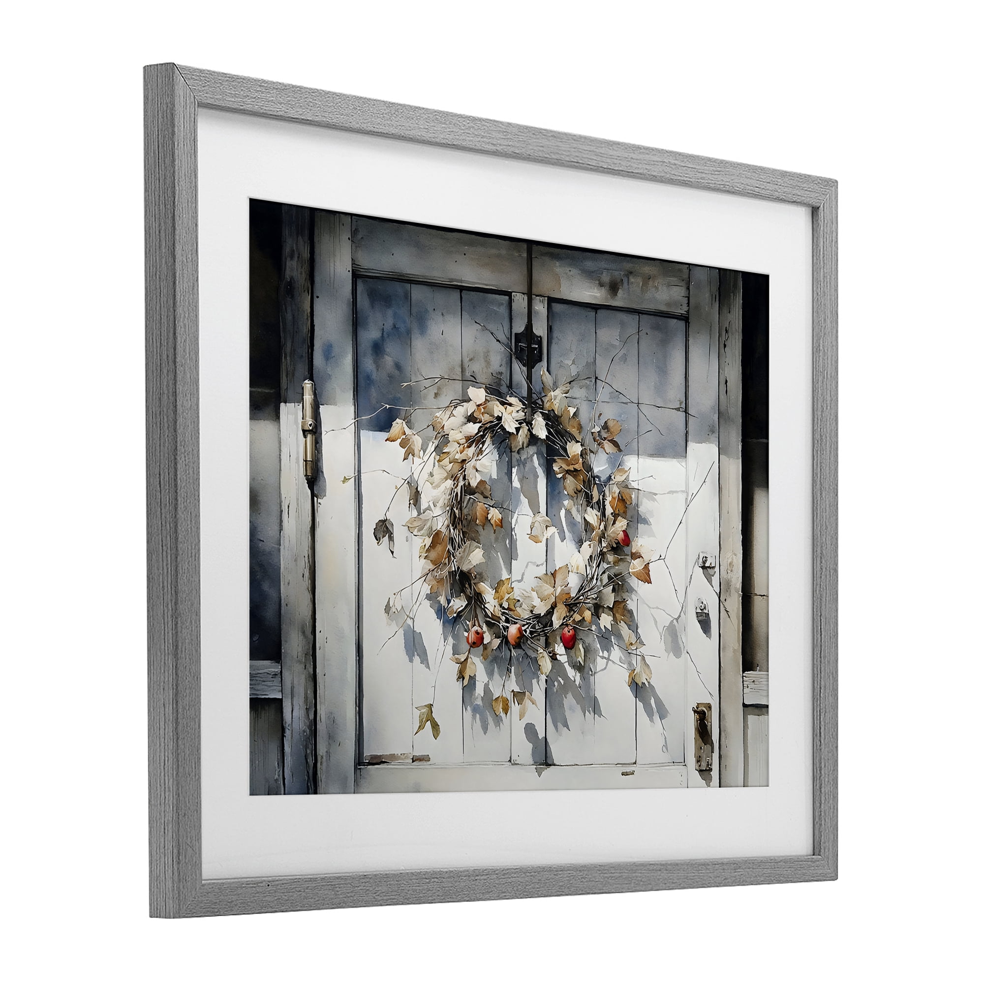 Stupell Industries Rustic Wreath on White Door Gray Framed Print Under Glass, design by Franklyn Gregory