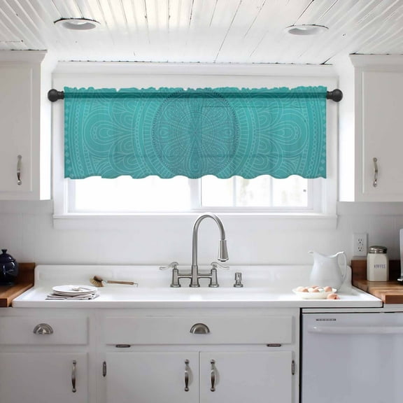 Teal Boho Valance Curtains for Kitchen/Living Room/Bathroom/Bedroom Window, Farmhouse Abstract Geometric Aesthetic Art Rod Pocket Small Topper Half Short Window Curtains Voile Sheer Scarf 42"x18"