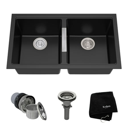 Kraus 33 Inch Undermount 50 50 Double Bowl Black Onyx Granite Kitchen Sink