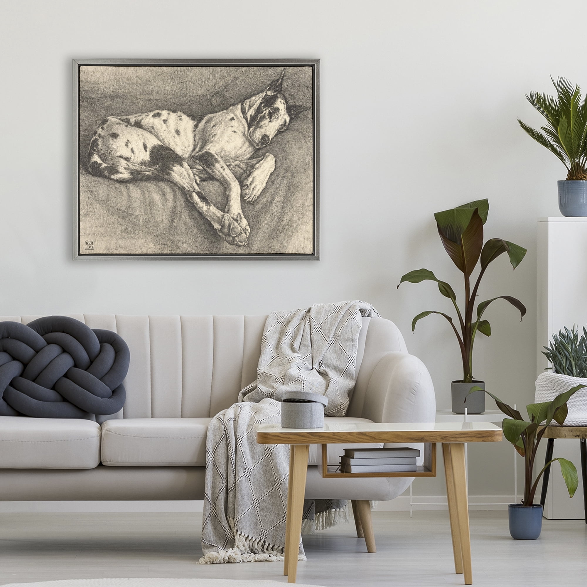 Stupell Industries Sleeping Hound Drawing Gray Framed Floater Canvas Wall Art, design by Bertha Van Hasselt