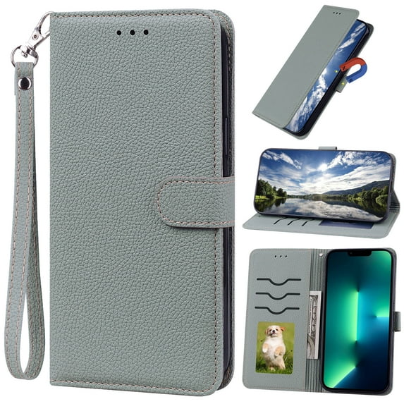 for Galaxy A22 5G 6.6 Inch Case, Samsung A22 5G Wallet Case, PU Leather Wrist Strap Card Slots Soft TPU Shockproof Protective Flip Folio Cover Phone Case for Samsung Galaxy A22 5G,Gray