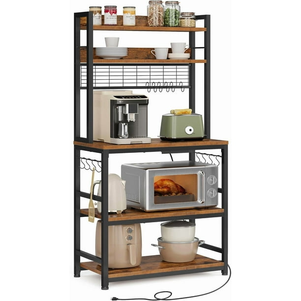 VASAGLE Estantería para Panadería con Toma de Corriente, Soporte de Microondas y Cocina, 40 x 80 x 170 cm, Marrón Rústico y Negro